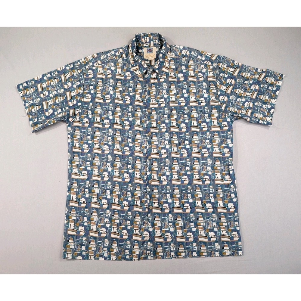 Kahala Avi Collection Mens Large Lighthouse Art Hawaiian Shirt Cotton Blue AOP